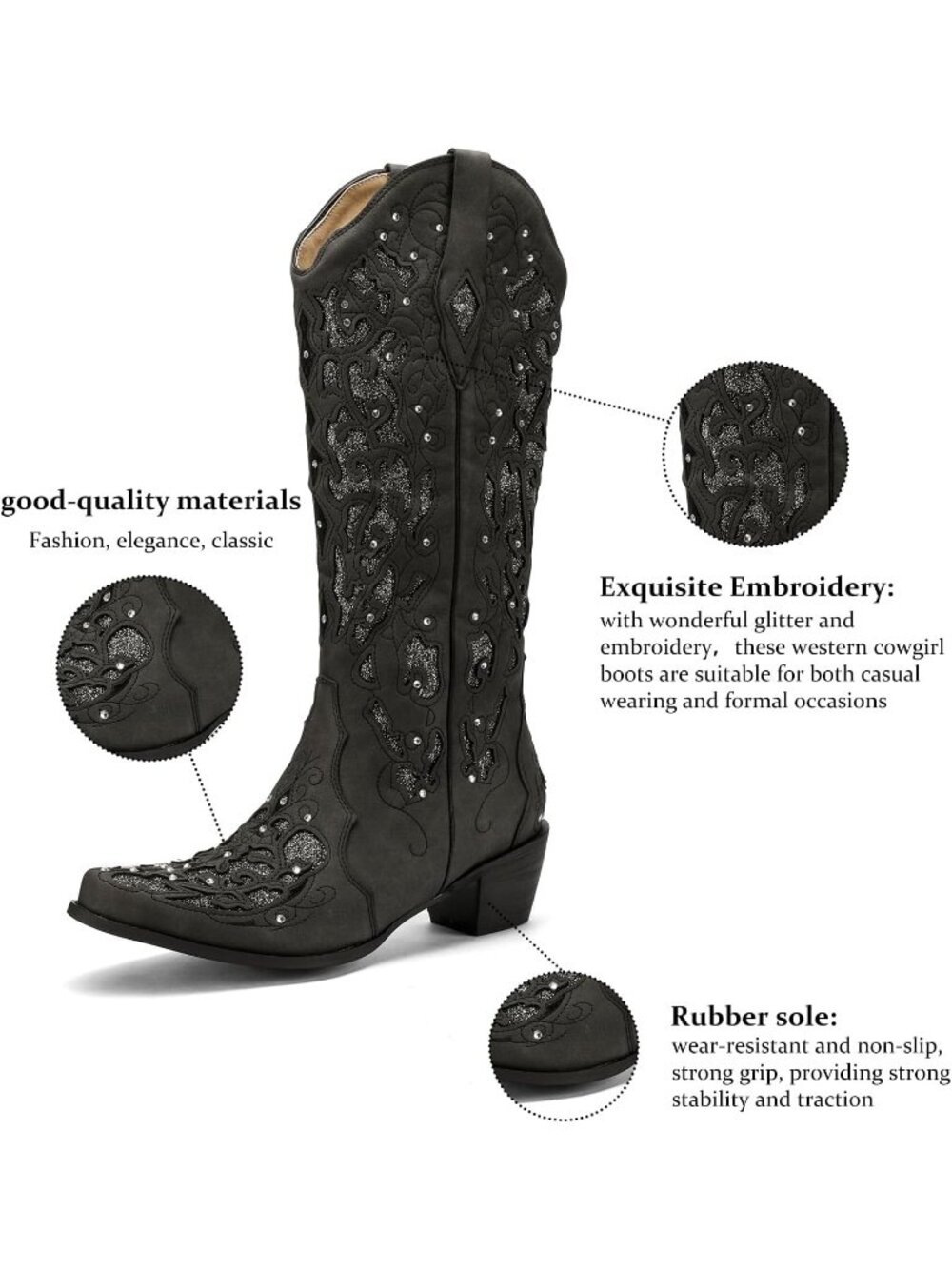 Women's Black Mid Calf Cowgirl Boot Rhinestone Comfortable Chunky Heel Western - Picture 5 of 5